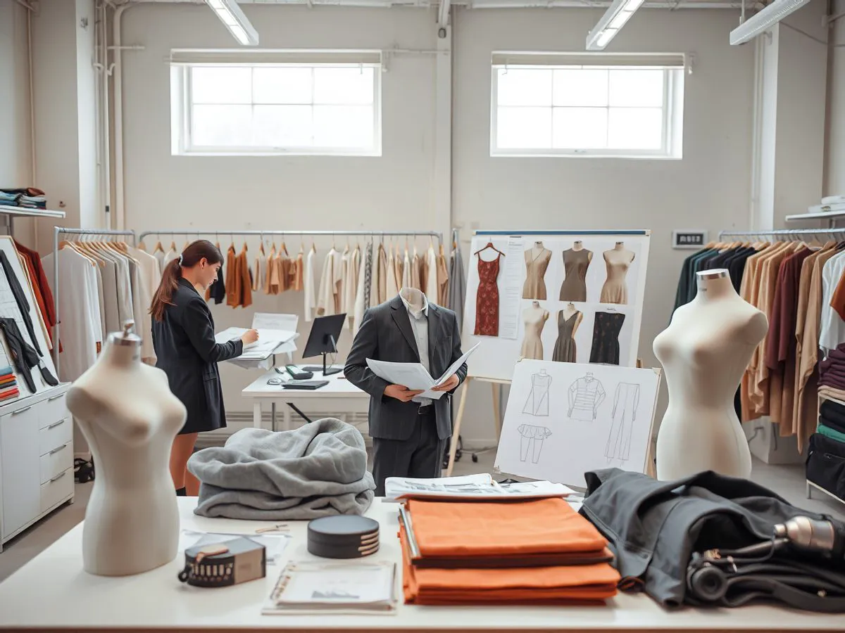 服装设计工作室,设计师正在绘制款式图,旁边有人台和面料样品