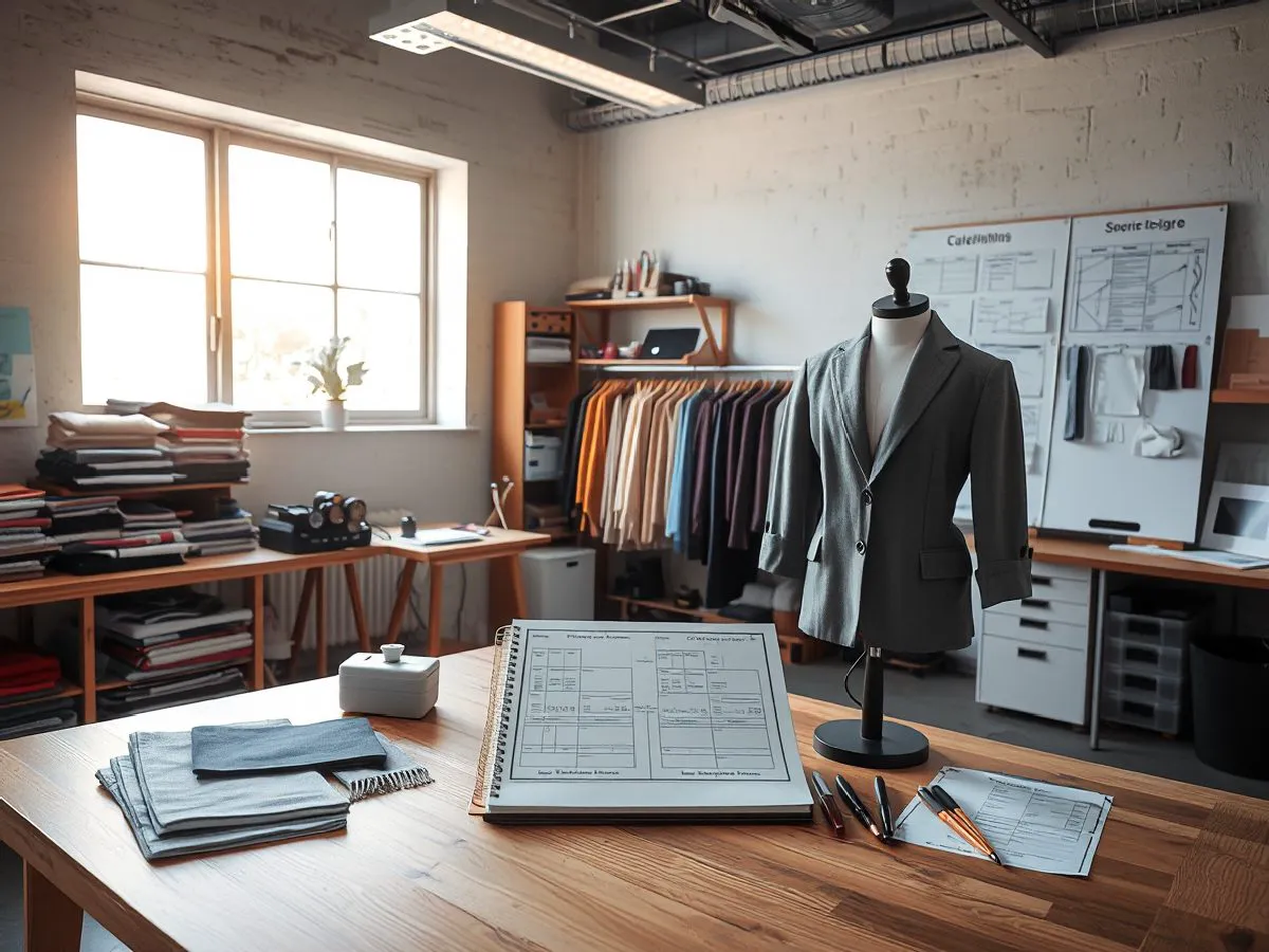 苍萨茫服装设计有限公司服装设计工作室,展示面料样品、设计图纸和样衣