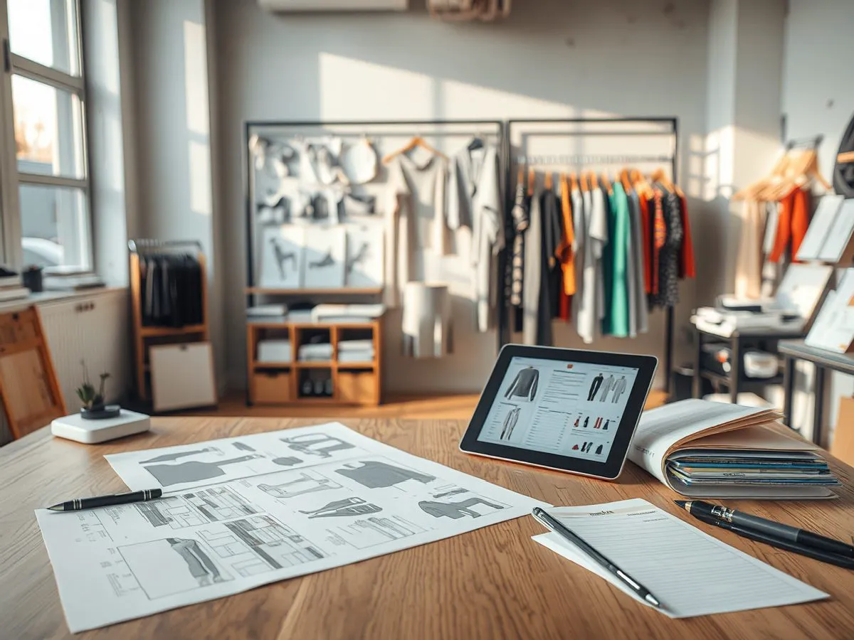 服装设计工作台,展示设计草图、面料样本和成品样衣